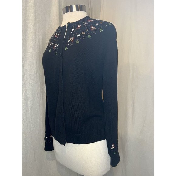 CHARTER CLUB Christmas Women's Cardigan Sweater Button up Size Medium Black - Picture 3 of 16